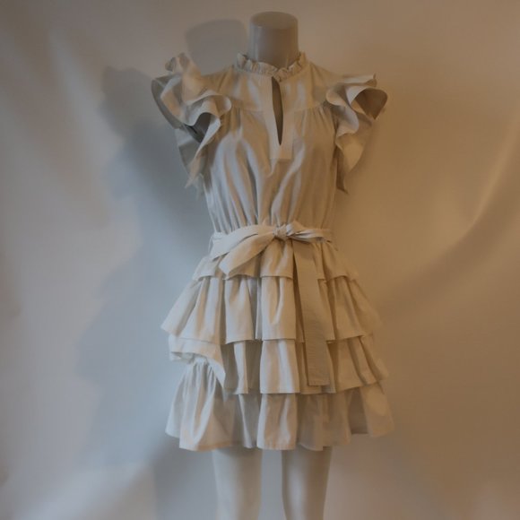 Womens Ulla Johnson Honoria White Ruffle Tiered Mini Split Neck Belted Dress 10* - Picture 3 of 16